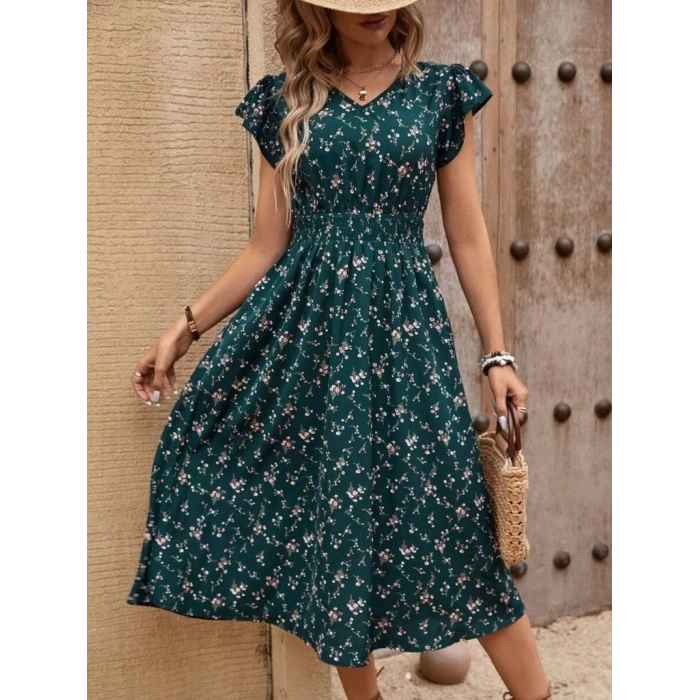 Kadın Kısa Kollu V Yakalı Beli Lastikli çiçek Desenli Süprem Elbise