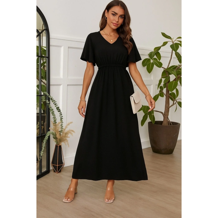 Kadın Kısa Kollu V Yakalı Beli Lastikli Uzun Viskon Elbise