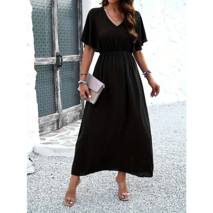 Kadın Kısa Kollu V Yakalı Beli Lastikli Uzun Viskon Elbise