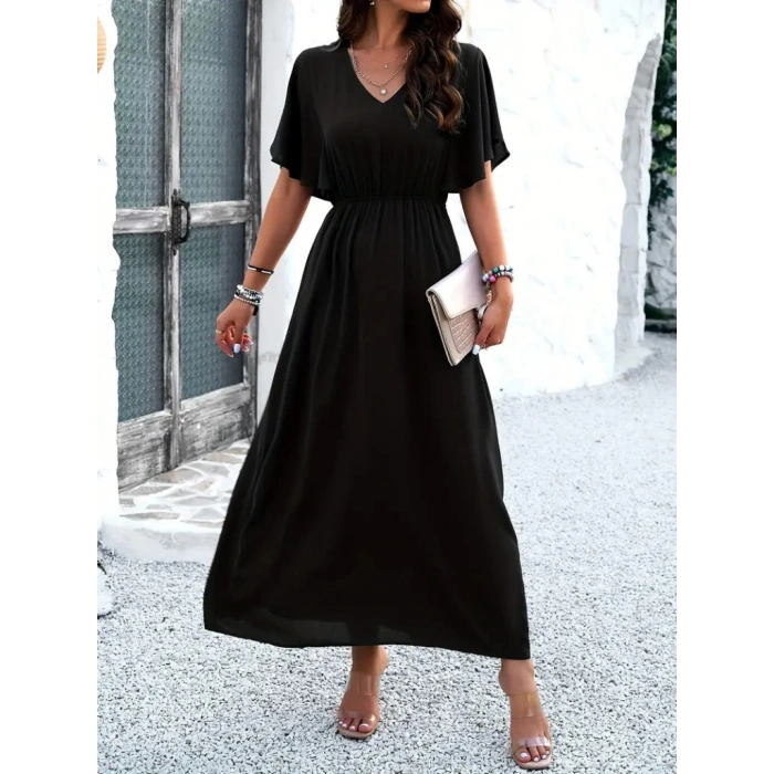 Kadın Kısa Kollu V Yakalı Beli Lastikli Uzun Viskon Elbise