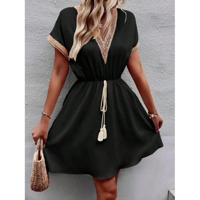 Kadın Kısa Kollu V Yakalı Belinde Bağcıklı Viskon Elbise