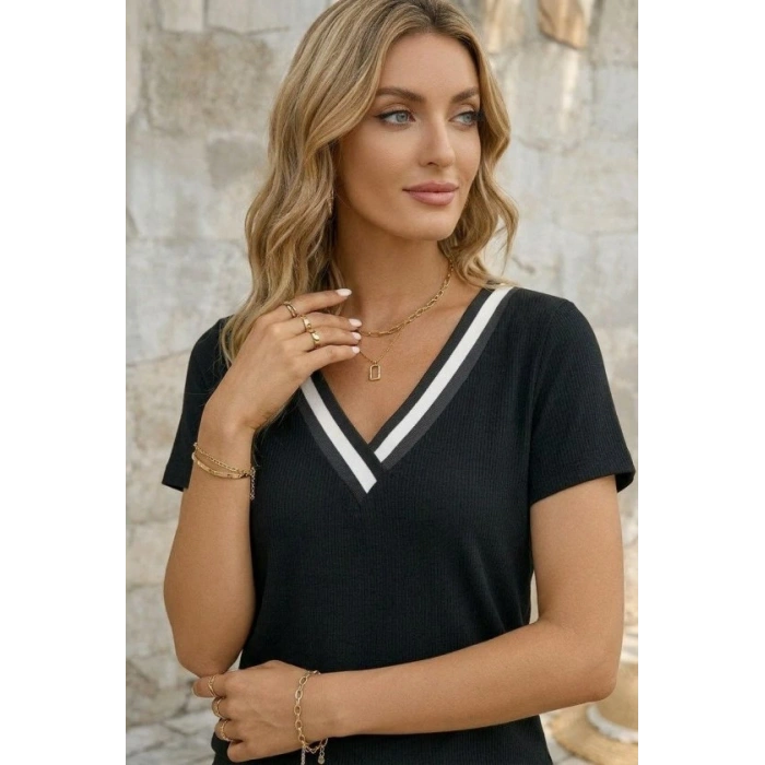 Kadın Kısa Kollu V Yakalı Bürümcük Bluz