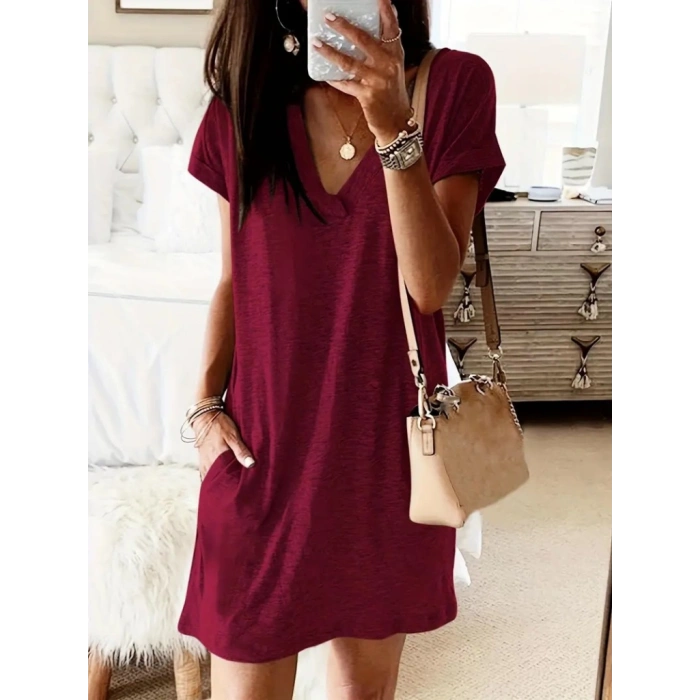 Kadın Kısa Kollu V Yakalı Cepli Kısa Viskon Elbise