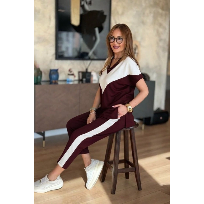 Kadın Kısa Kollu V Yakalı çift Renkli Viskon Iki Iplik Ikili Bluz Ve Pantolon Takım