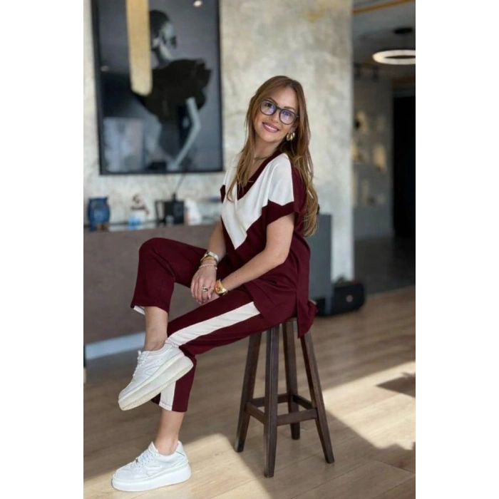 Kadın Kısa Kollu V Yakalı çift Renkli Viskon Iki Iplik Ikili Bluz Ve Pantolon Takım
