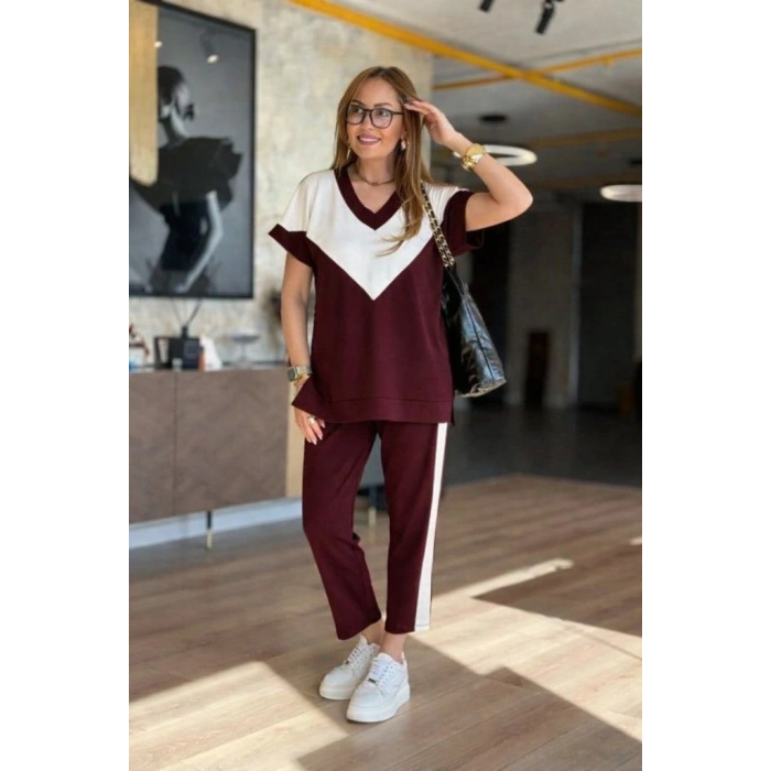 Kadın Kısa Kollu V Yakalı çift Renkli Viskon Iki Iplik Ikili Bluz Ve Pantolon Takım