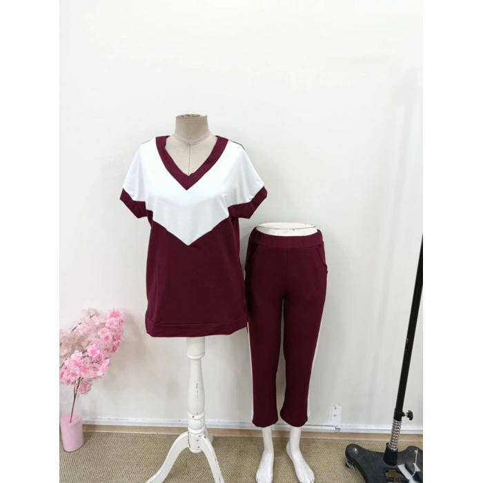 Kadın Kısa Kollu V Yakalı çift Renkli Viskon Iki Iplik Ikili Bluz Ve Pantolon Takım