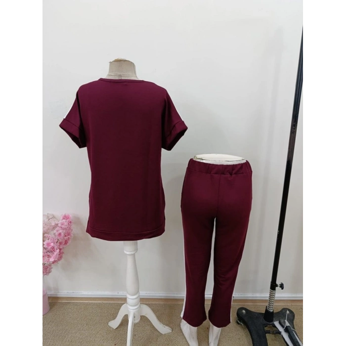 Kadın Kısa Kollu V Yakalı çift Renkli Viskon Iki Iplik Ikili Bluz Ve Pantolon Takım