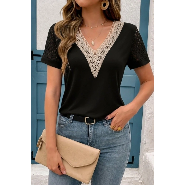 Kadın Kısa Kollu V Yakalı Dantel Detaylı Viskon Bluz