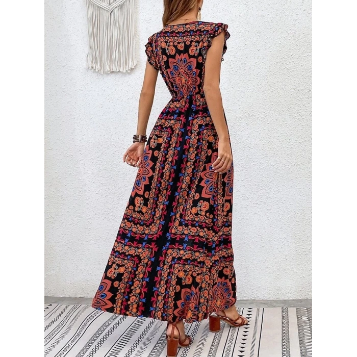 Kadın Kısa Kollu V Yakalı Deseni Yırtmaçlı Süprem Elbise