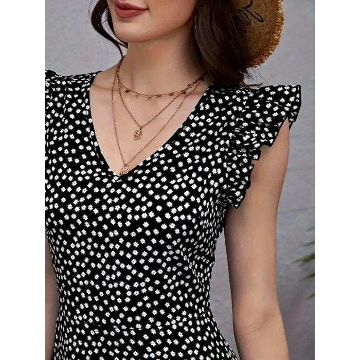 Kadın Kısa Kollu V Yakalı Desenli Fırfırlı Süprem Elbise