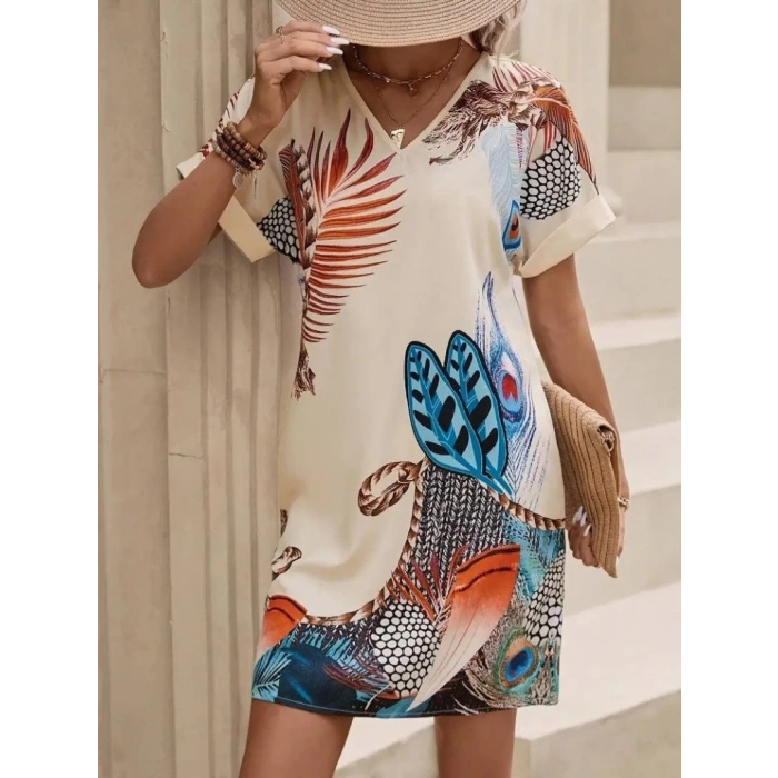 Kadın Kısa Kollu V Yakalı Desenli Mini Atlas Elbise