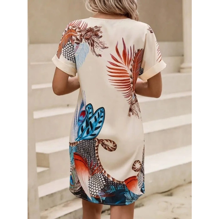 Kadın Kısa Kollu V Yakalı Desenli Mini Atlas Elbise