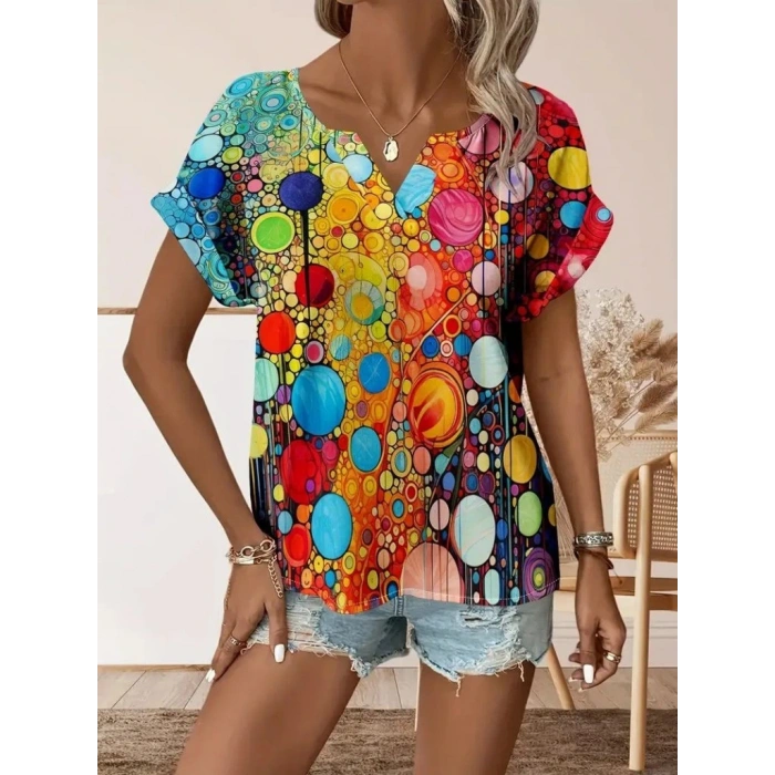 Kadın Kısa Kollu V Yakalı Desenli Süprem Bluz