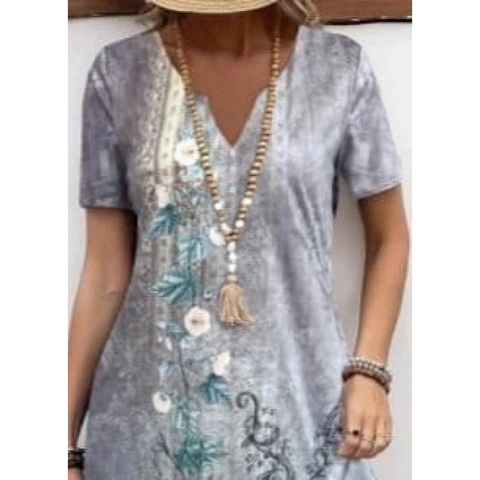 Kadın Kısa Kollu V Yakalı Desenli Süprem Elbise