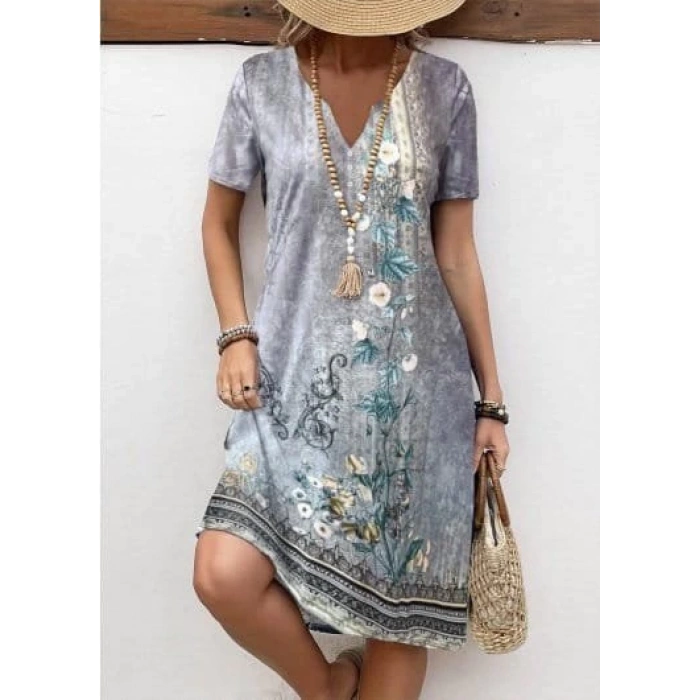 Kadın Kısa Kollu V Yakalı Desenli Süprem Elbise