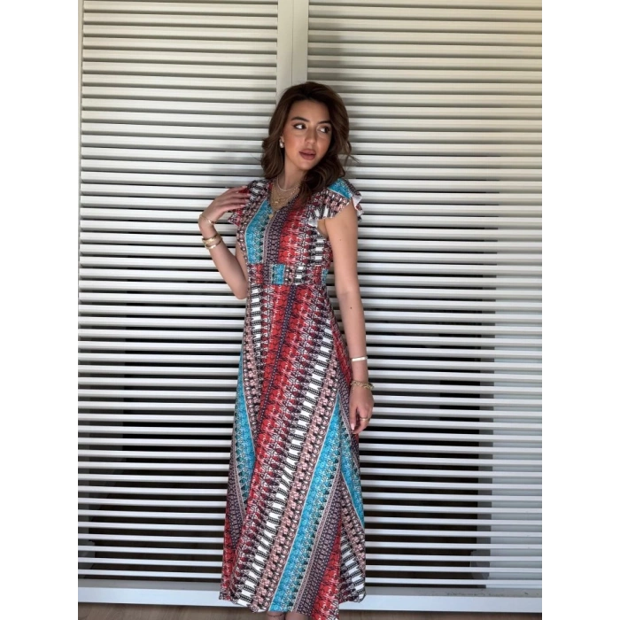 Kadın Kısa Kollu V Yakalı Desenli Yandan Yırtmaçlı Süprem Elbise