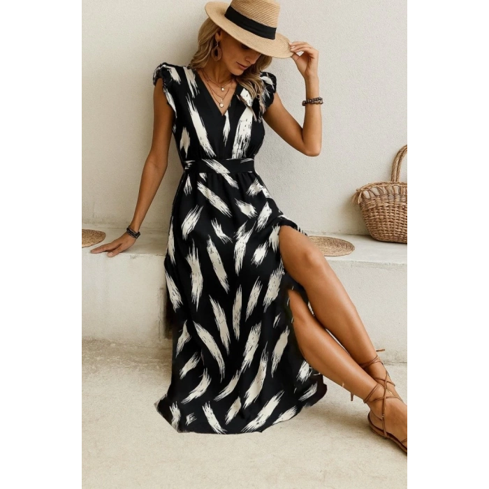 Kadın Kısa Kollu V Yakalı Desenli Yandan Yırtmaçlı Süprem Elbise