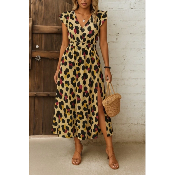 Kadın Kısa Kollu V Yakalı Desenli Yandan Yırtmaçlı Süprem Elbise