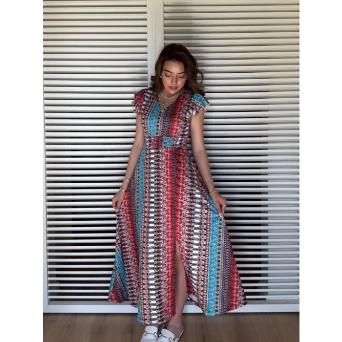 Kadın Kısa Kollu V Yakalı Desenli Yandan Yırtmaçlı Süprem Elbise