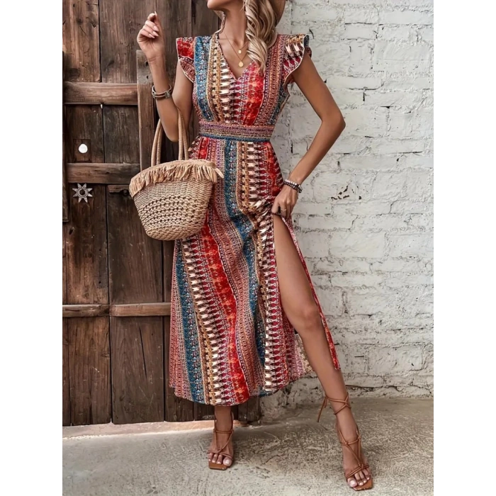 Kadın Kısa Kollu V Yakalı Desenli Yandan Yırtmaçlı Süprem Elbise
