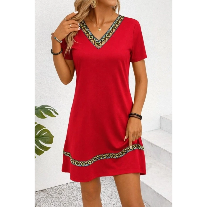 Kadın Kısa Kollu V Yakalı Etnik Desen şerit Detaylı Viskon Elbise