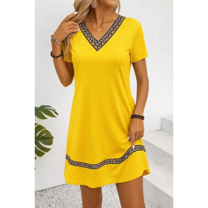 Kadın Kısa Kollu V Yakalı Etnik Desen şerit Detaylı Viskon Elbise