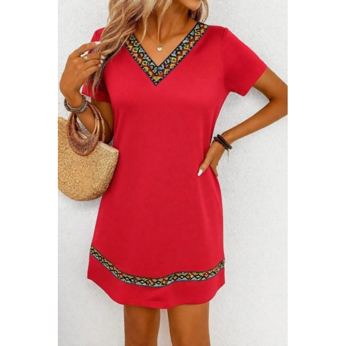 Kadın Kısa Kollu V Yakalı Etnik Desen şerit Detaylı Viskon Elbise