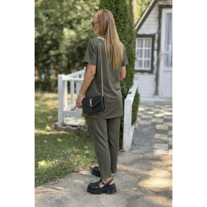 Kadın Kısa Kollu V Yakalı Iki Iplik Bluz Ve Pantolon Ikili Takım