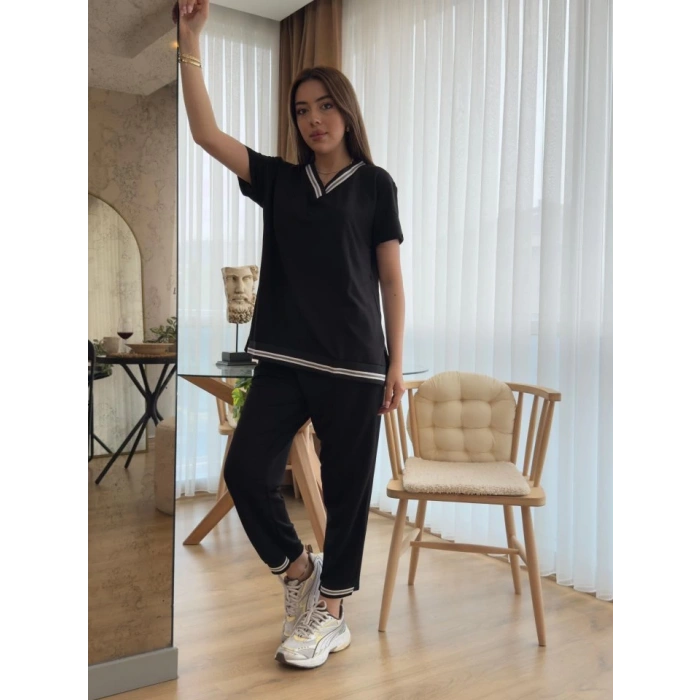 Kadın Kısa Kollu V Yakalı Iki Iplik Bluz Ve Pantolon Ikili Takım