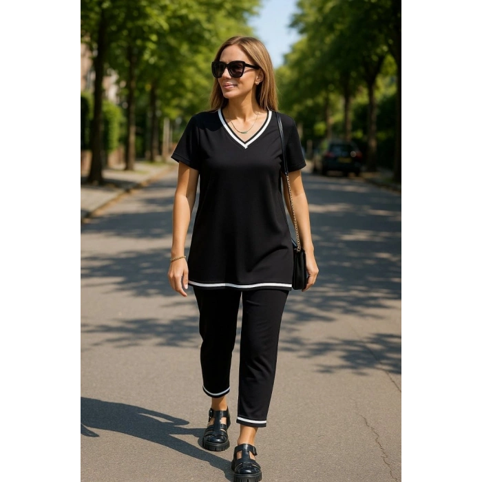 Kadın Kısa Kollu V Yakalı Iki Iplik Bluz Ve Pantolon Ikili Takım