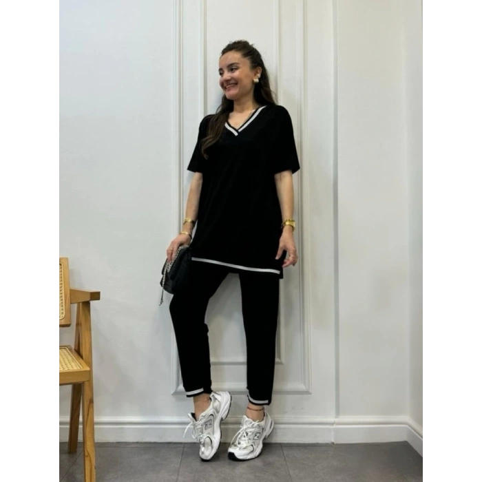 Kadın Kısa Kollu V Yakalı Iki Iplik Bluz Ve Pantolon Ikili Takım