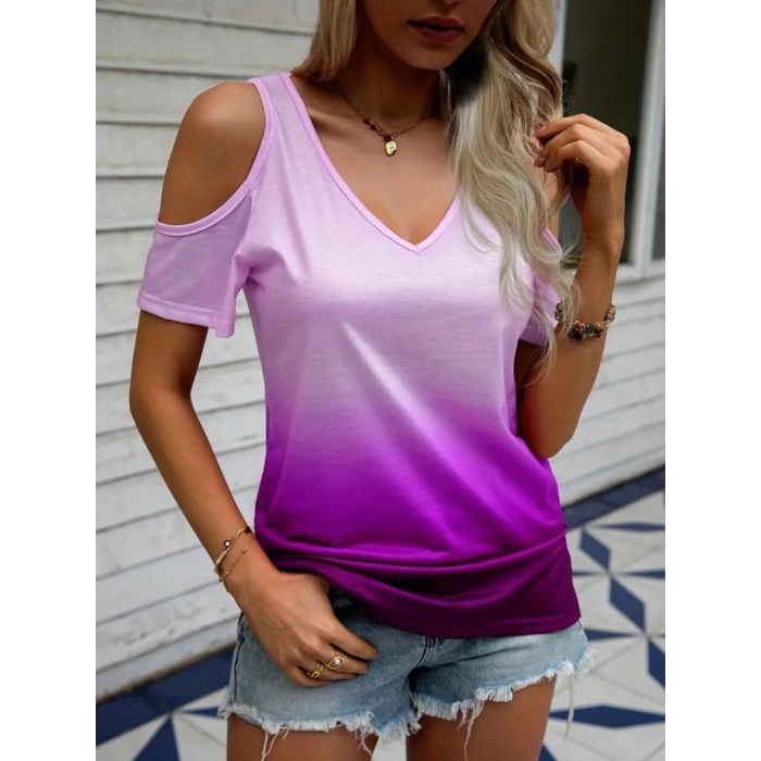 Kadın Kısa Kollu V Yakalı Iki Omuzu Açık Baskılı Süprem Bluz