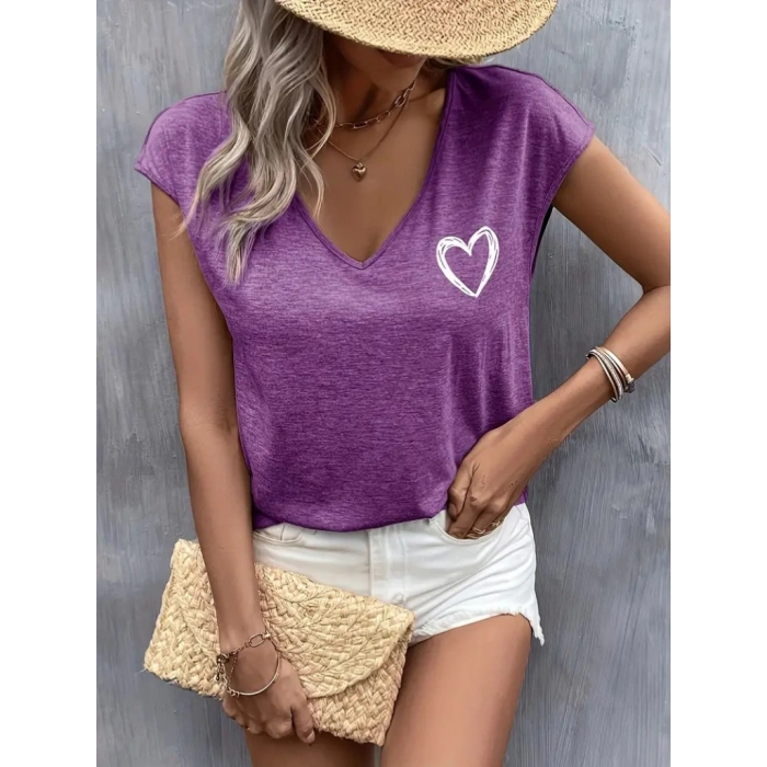 Kadın Kısa Kollu V Yakalı Kalp Baskılı Viskon Bluz