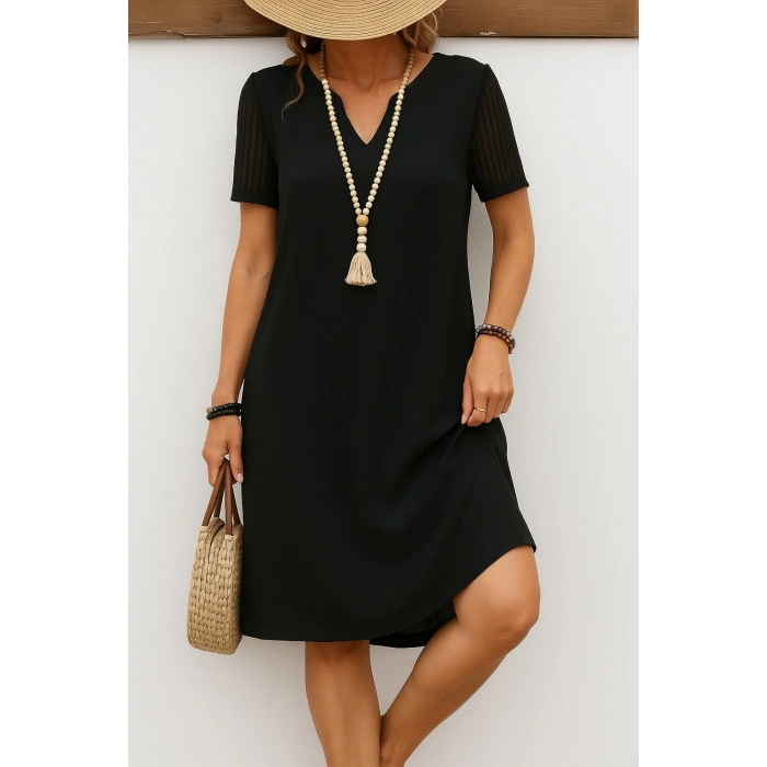 Kadın Kısa Kollu V Yakalı Kısa Janjan Krep Elbise