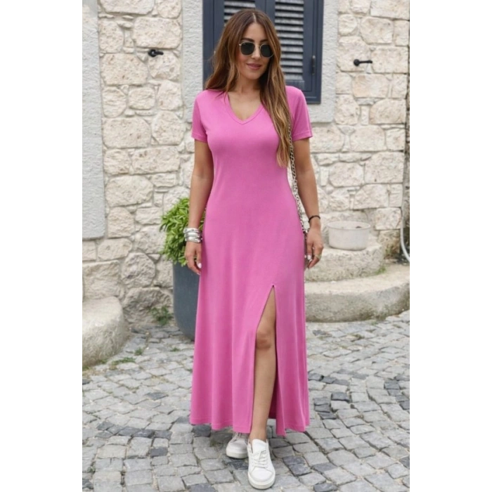 Kadın Kısa Kollu V Yakalı Maksi Boy Viskon Elbise