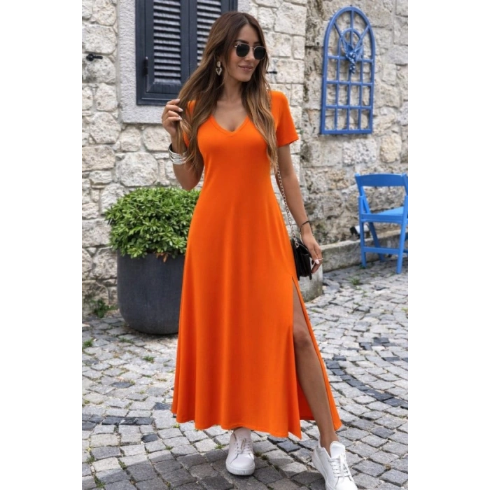 Kadın Kısa Kollu V Yakalı Maksi Boy Viskon Elbise