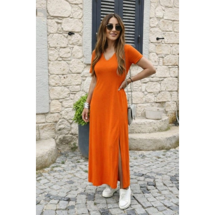 Kadın Kısa Kollu V Yakalı Maksi Boy Viskon Elbise