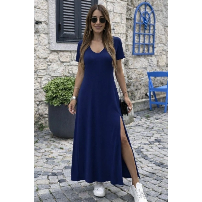 Kadın Kısa Kollu V Yakalı Maksi Boy Viskon Elbise