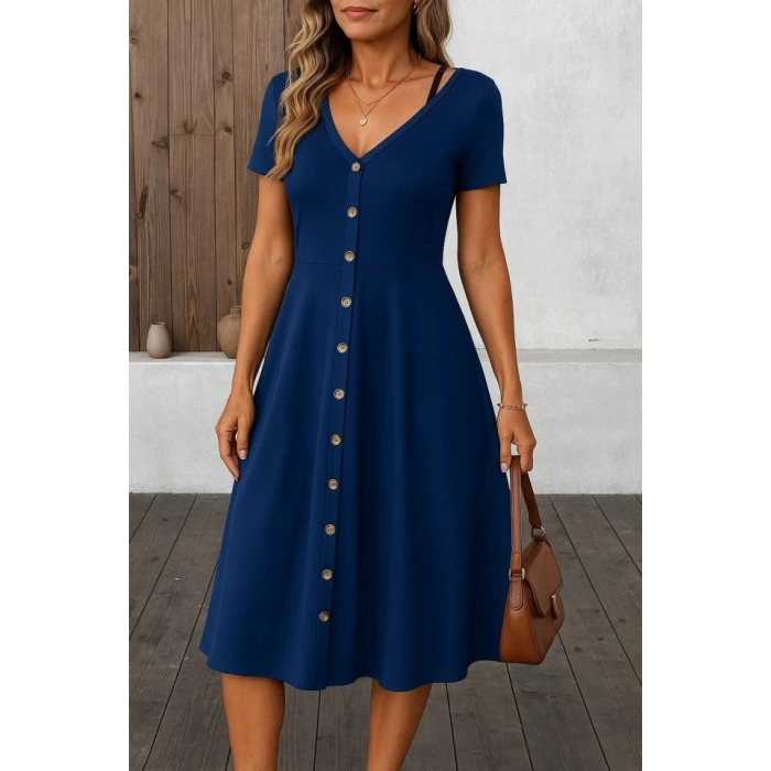 Kadın Kısa Kollu V Yakalı önden Düğmeli A Kesim Dokuma Elbise