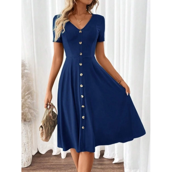 Kadın Kısa Kollu V Yakalı önden Düğmeli A Kesim Dokuma Elbise