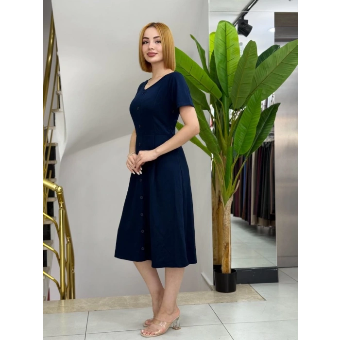 Kadın Kısa Kollu V Yakalı önden Düğmeli A Kesim Dokuma Elbise