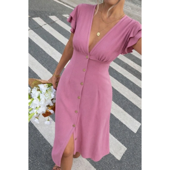 Kadın Kısa Kollu V Yakalı önden Düğmeli Bürümcük Midi Elbise