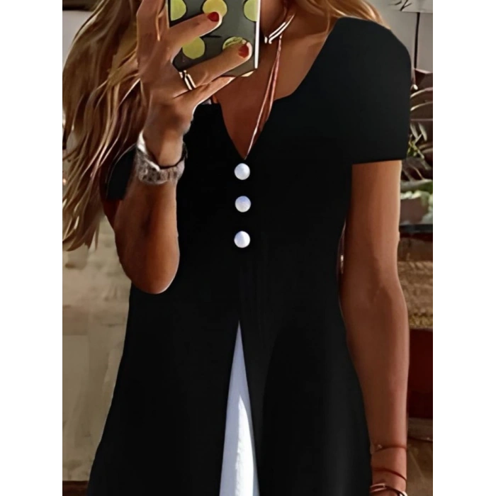 Kadın Kısa Kollu V Yakalı önden Düğmeli çift Renkli Viskon Elbise
