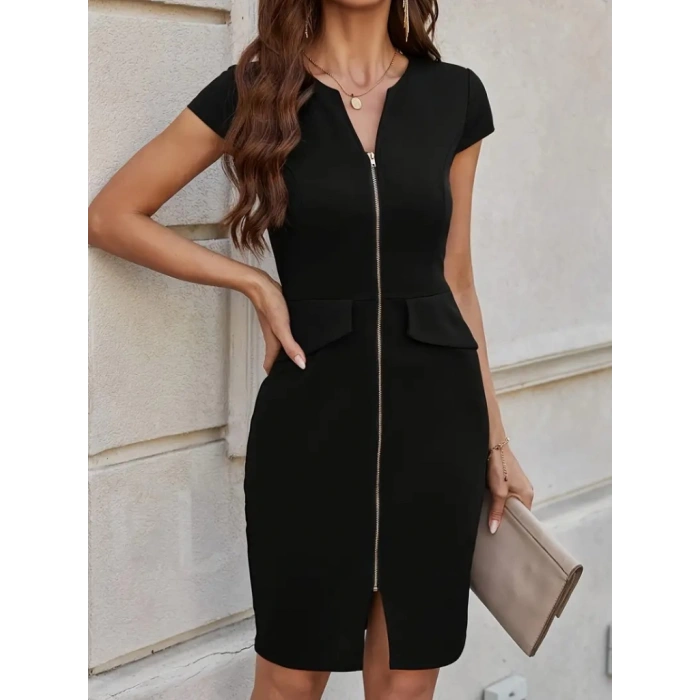 Kadın Kısa Kollu V Yakalı önden Fermuarlı Kısa Ithal Krep Elbise