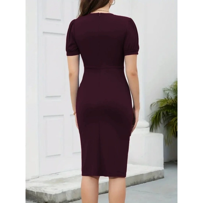 Kadın Kısa Kollu V Yakalı önden Fırfırlı Ithal Krep Elbise