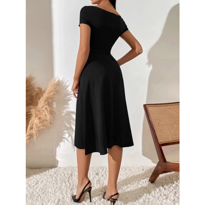 Kadın Kısa Kollu V Yakalı önden Pileli Janjan Krep Elbise