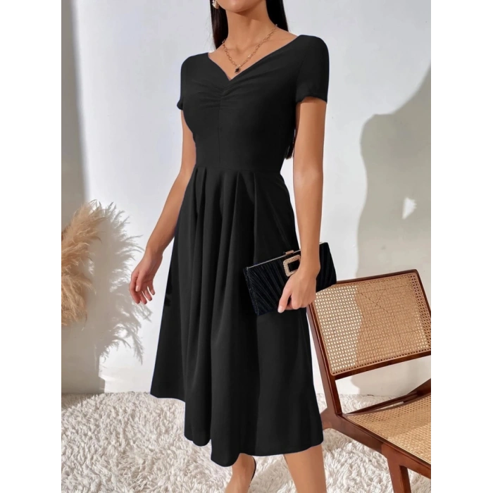 Kadın Kısa Kollu V Yakalı önden Pileli Janjan Krep Elbise