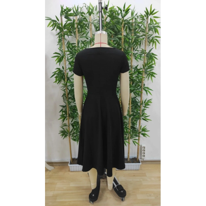 Kadın Kısa Kollu V Yakalı önden Pileli Janjan Krep Elbise