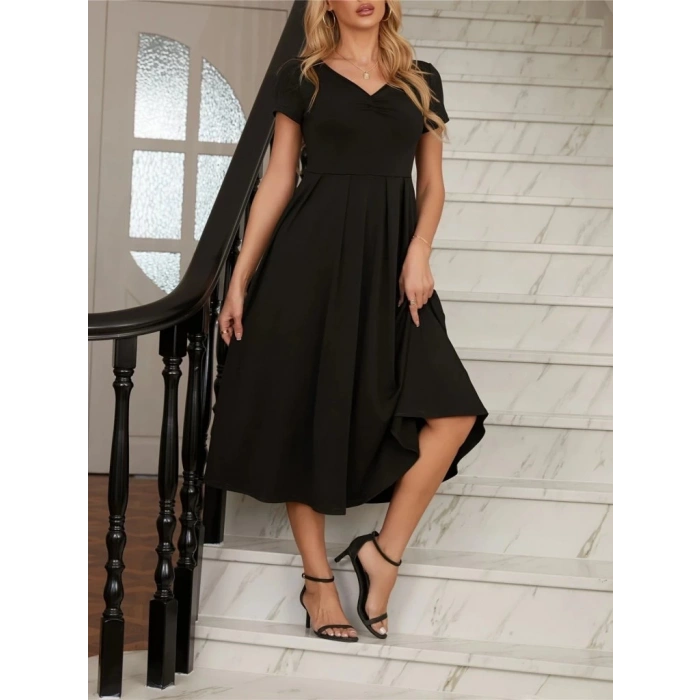 Kadın Kısa Kollu V Yakalı önden Pileli Midi Janjan Krep Elbise